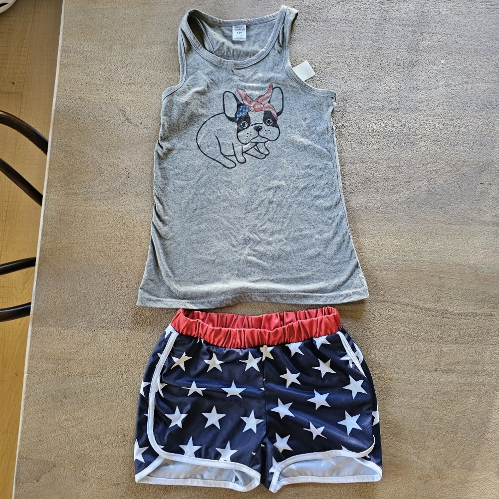 Girls French bulldog All American patriotic shirt shorts set sz 14 - Picture 1 of 6